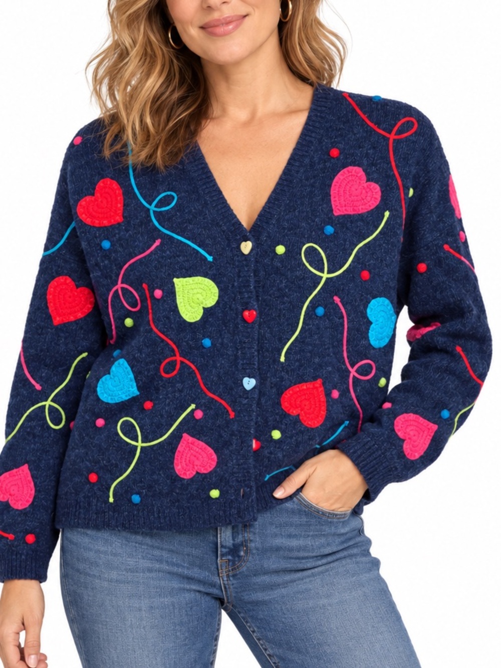 Marisa Christina Heart Cardigan Sweater M Ramie Cotton Colorful Novelty